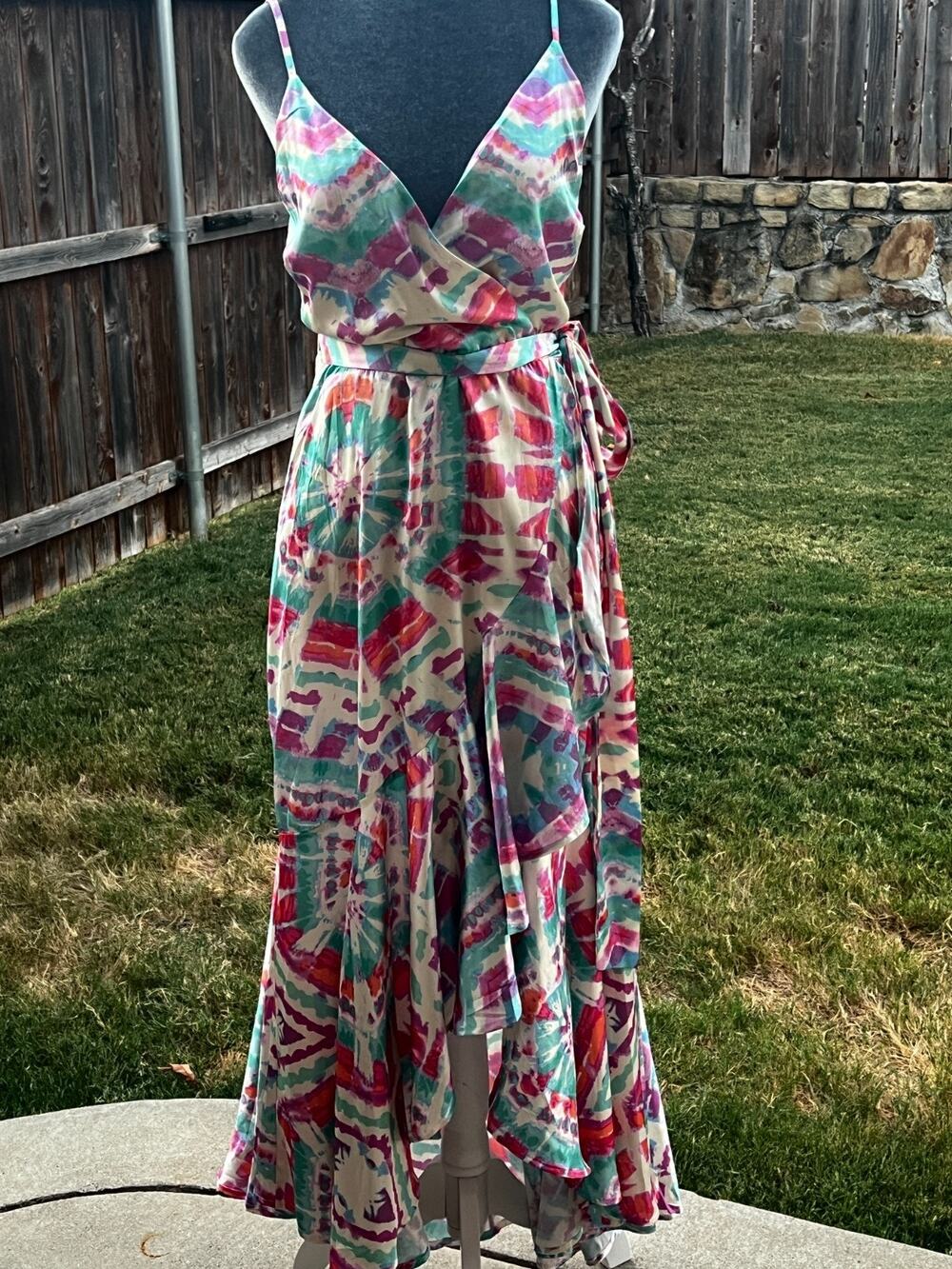 Flying Tomato Maxi Dress Womens M Abstract Watercolor Wrap High Low Ruffle Boho